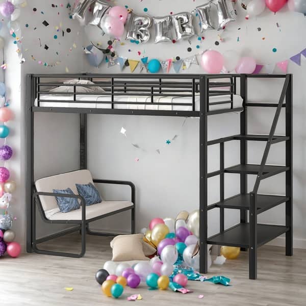 slide 2 of 14, Modern Twin Size Metal Loft Bed With Bench And Storage Staircase for Bedroom