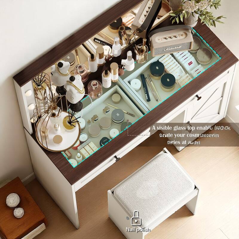 43.4" Makeup Vanity Table with LED Mirror & Stool - 3 Drawers, Adjustable Brightness, Dressing Desk
