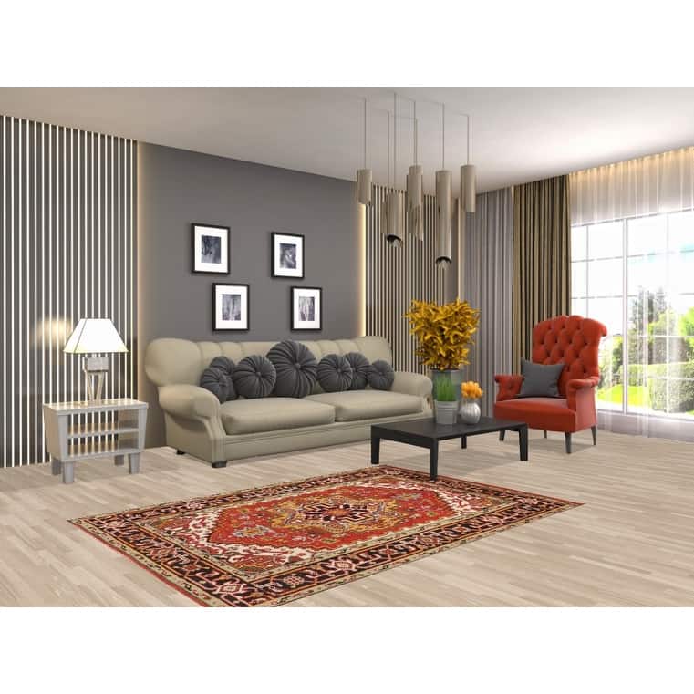 Orange Geometric Heriz Serapi Indian Rug Hand-Knotted Wool Carpet - 4'1" x 5'11"