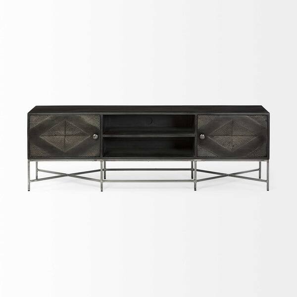 Medium Brown Mango Wood Finish TV Stand Media Console With 4 Doors And 2 Open Shelves