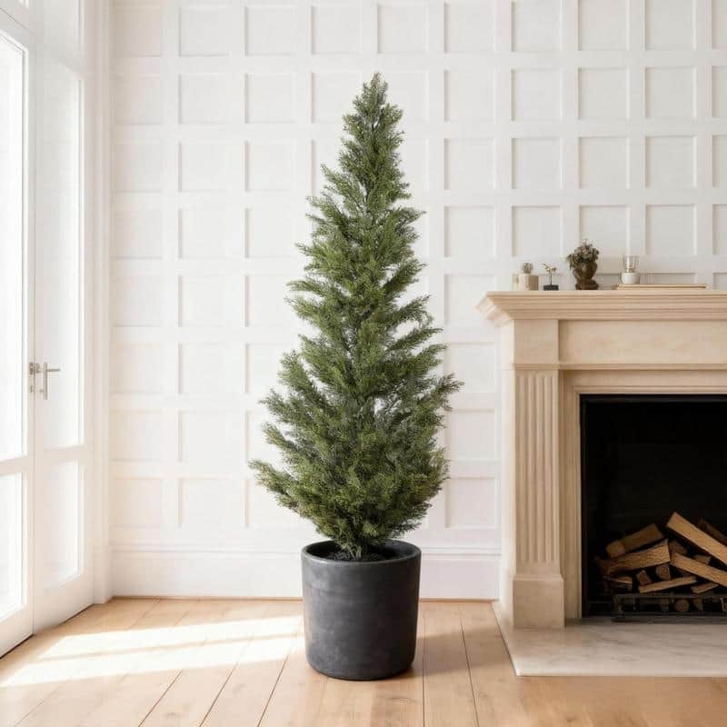 Black Plastic Pot Artificial Cypress Topiary - UV Resistant Fake Plant for Indoor & Outdoor Decor - 5FT