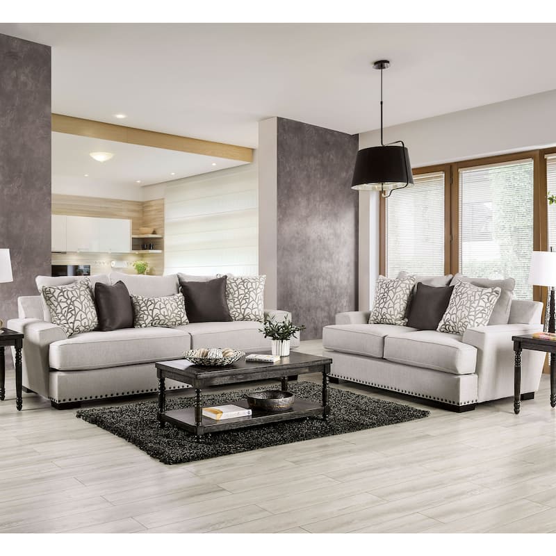Bule Transitional Light Grey Fabric Nailhead 2-Piece Living Room Set by Furniture of America