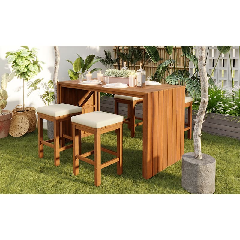 Roomfitters 5 Piece Outdoor Bar Set with High Top Dining Table and 4 Cushioned Backless Stools, Patio Furniture, Beige+Natural
