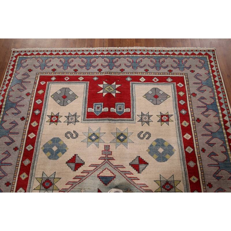 Geometric Kazak Rug Hand-Knotted Dining Room Wool Carpet - 6'0" x 8'2"