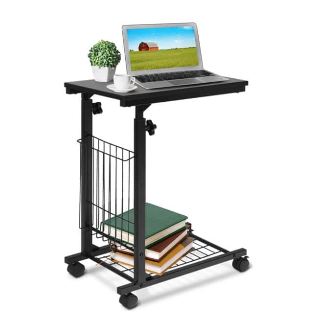 Adjustable C Shaped Snack Table with Wheels for Sofa Bed and Couch Compact Rolling Side Table with Storage Shelf