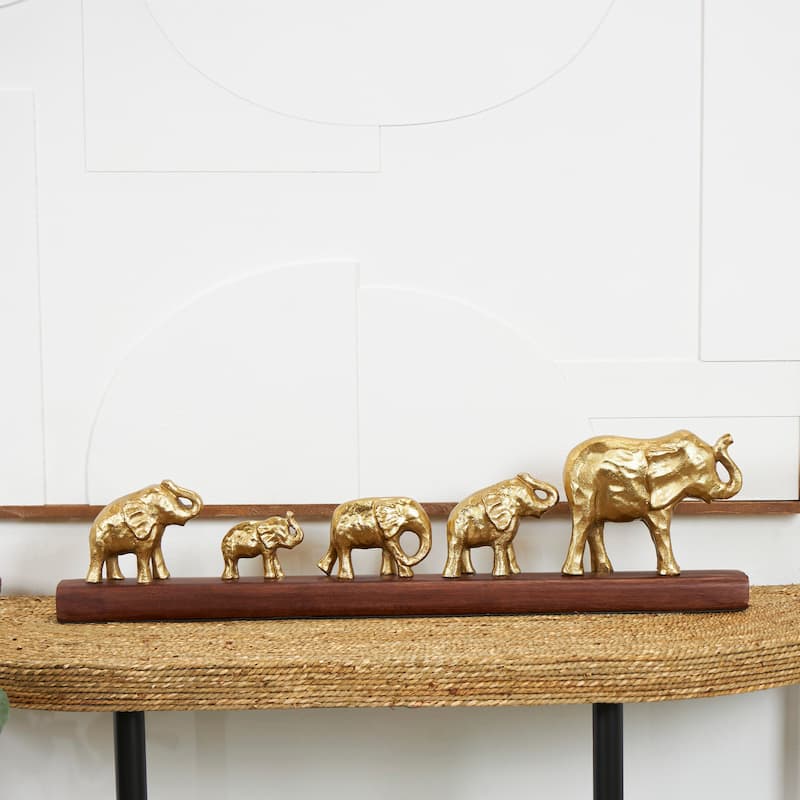 Gold Aluminum Metal Elephant Sculpture with Brown Wooden Base - Gold - 30"W,8"H
