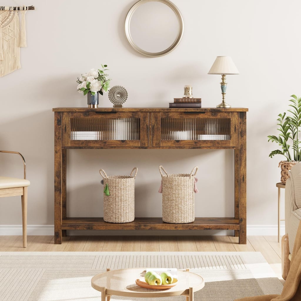 Entryway Table, Wood Console Table with 2 Glass Drawers