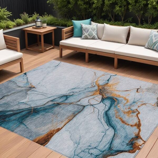 9' X 12' Sky Blue And Copper Abstract Washable Indoor Outdoor Area Rug ...