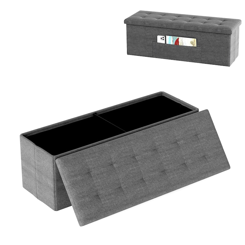 Large 38 Gallon Linen Fabric Storage Ottoman Bench Folding Multipurpose Footrest and Seat with Foam Cushion - 43" × 15" × 15" - Dark Gray