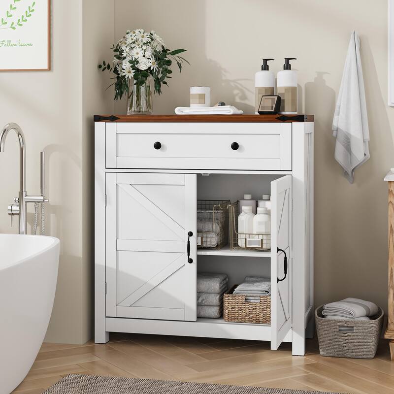 Anmytek Black Farmhouse Storage Cabinet with Drawer and Adjustable Shelf Barn Door Style for Bathroom and Kitchen