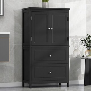 Black Bathroom Cabinet with 2 Doors, Drawers, Adjustable Shelf & Metal ...