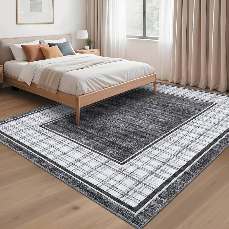 Modern Bordered Rug Farmhouse Plaid Area Rugs for Living Room Bedroom, Indoor Accent Carpet Home Decor