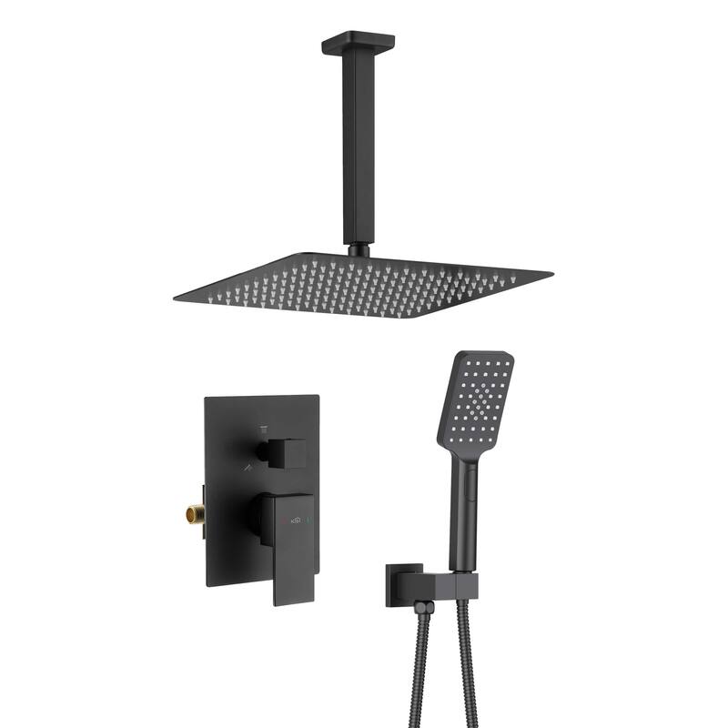Pressure Balanced Ceiling Mounted 3-Function Shower System with Rough In Valve - Matte Black