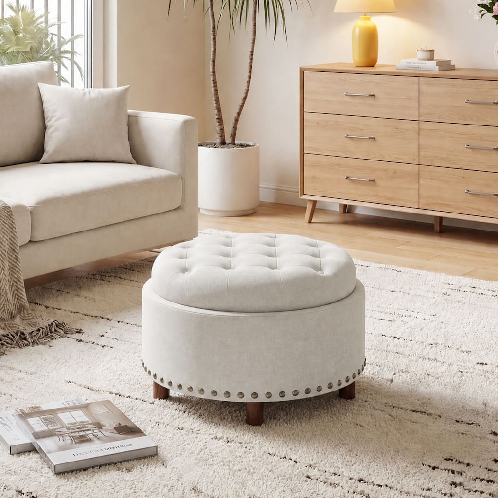 RENEWLINE Linen Round Storage Ottoman Nailhead Trim Wooden Top Foot Stool
