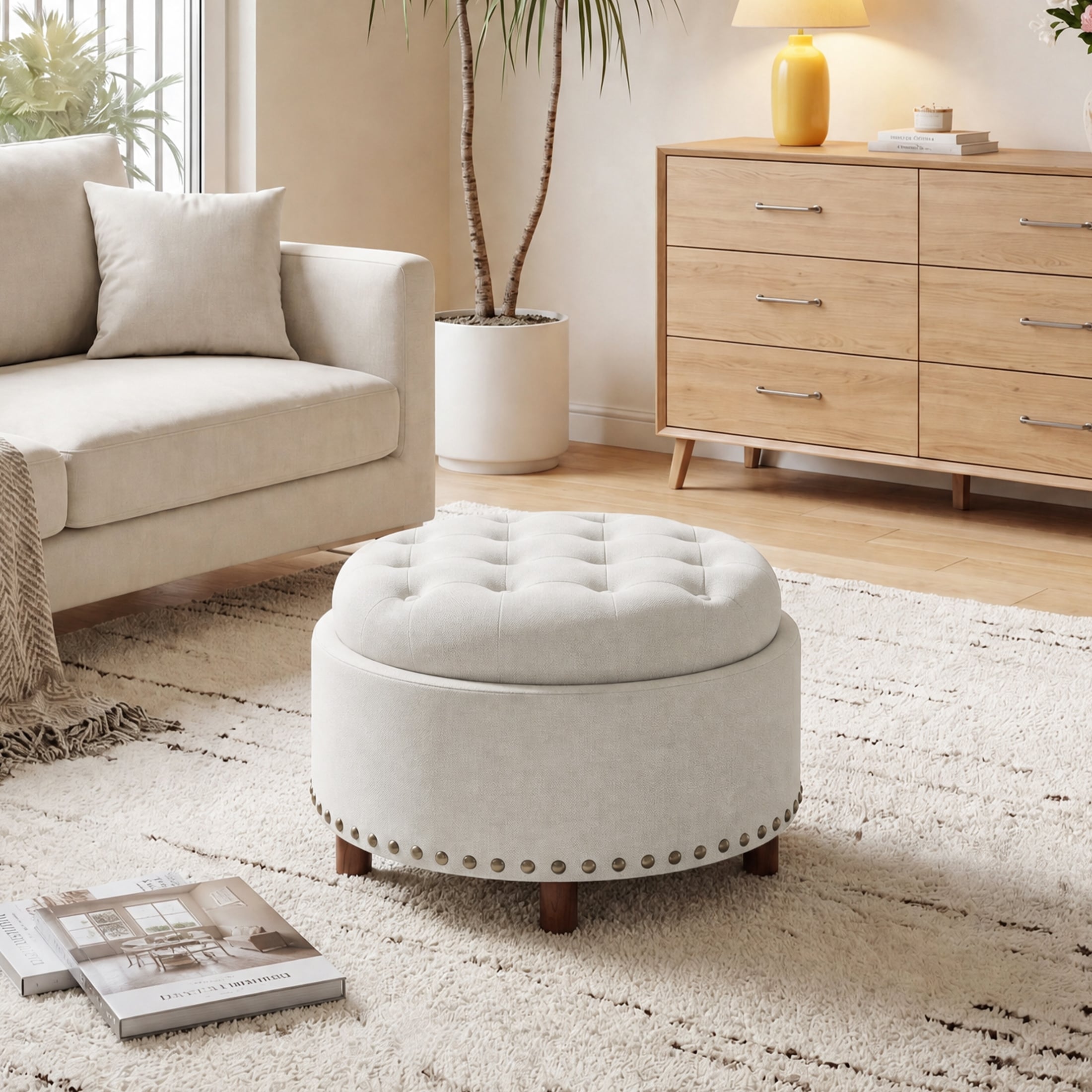 RENEWLINE Linen Round Storage Ottoman Nailhead Trim Wooden Top Foot Stool