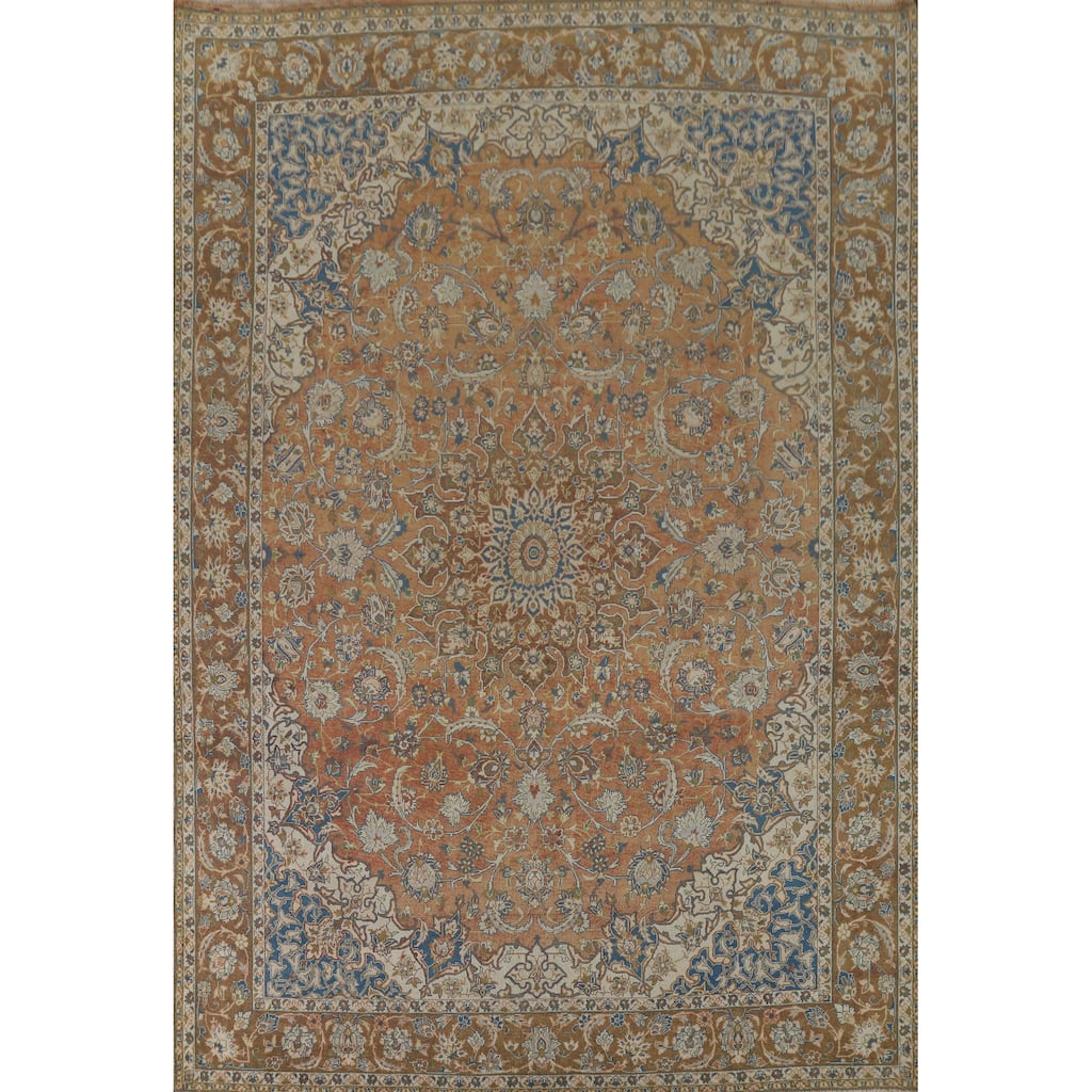 Floral Kashan Vintage Persian Area Rug Handmade Orange Wool Carpet - 9'5" x 12'8"