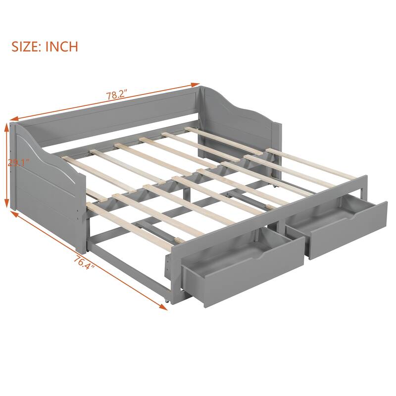 Roomfitters Wooden Twin Daybed with Trundle and Two Storage Drawers Extendable Solid Wood