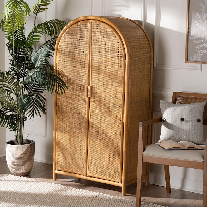 Paloma Arched Rattan Accent Cabinet with Shelves - Handwoven Cane Unit with Door, Boho Chic Furniture for Living Room