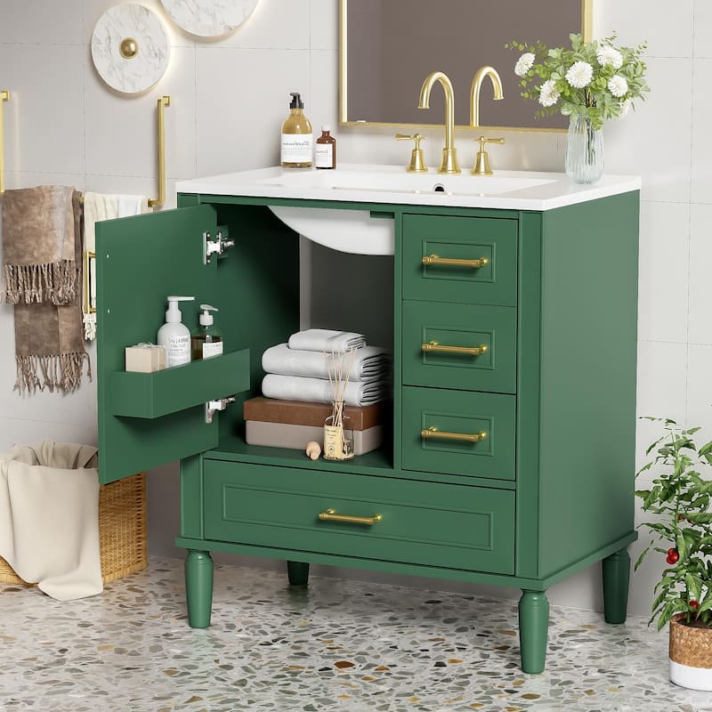 30" Freestanding Single Sink Storage Cabinet Bathroom Vanity with Gold Handles, Groove Decoration and Overflow Drain Protectio