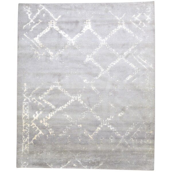One of a Kind Hand-Knotted Shag 8' x 10' Abstract Silk Grey Rug - 8' x 10'. Opens flyout.