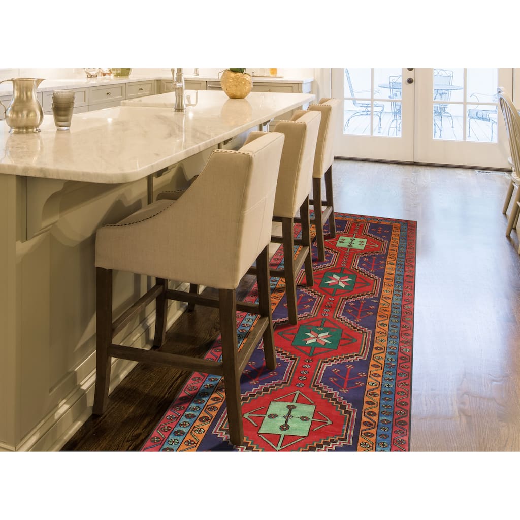 Fine Vintage Distressed Parvin Red/Navy Runner - 3'8" x 11'10"