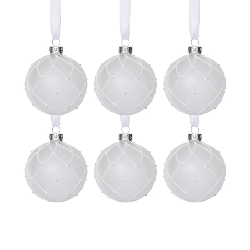 Frosted Glass Ball Christmas Ornaments with White Glitter, Set of 6, 3.25"