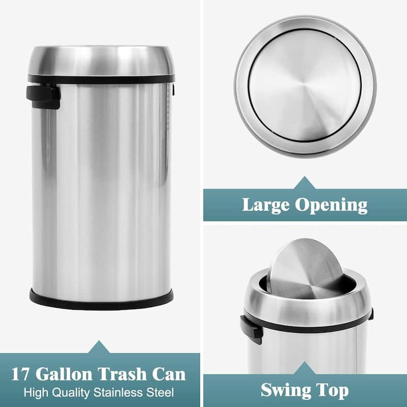 65L/17Gal Open Top Trash Can, Heavy Duty Stainless Steel Rubbish Bin
