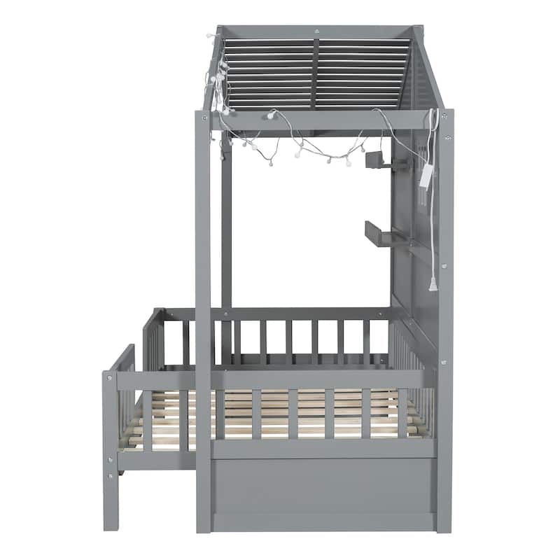 Grey Twin House Bed with Shelves and Light