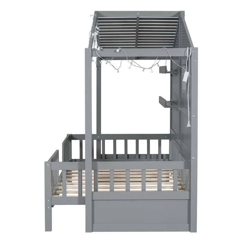 Twin Size House Bed with Shelves, Window, and Sparkling Light Strip