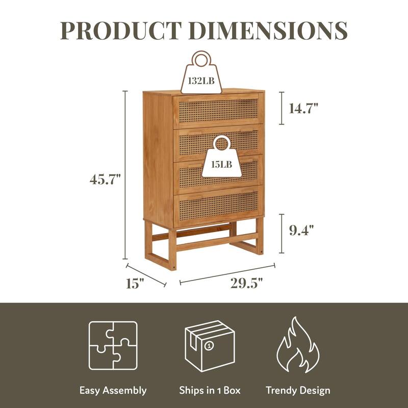 Roomfitters Talo 4-Drawer Dresser with Woven Rattan Drawer Fronts, Boho Style Storage, Natural Finish
