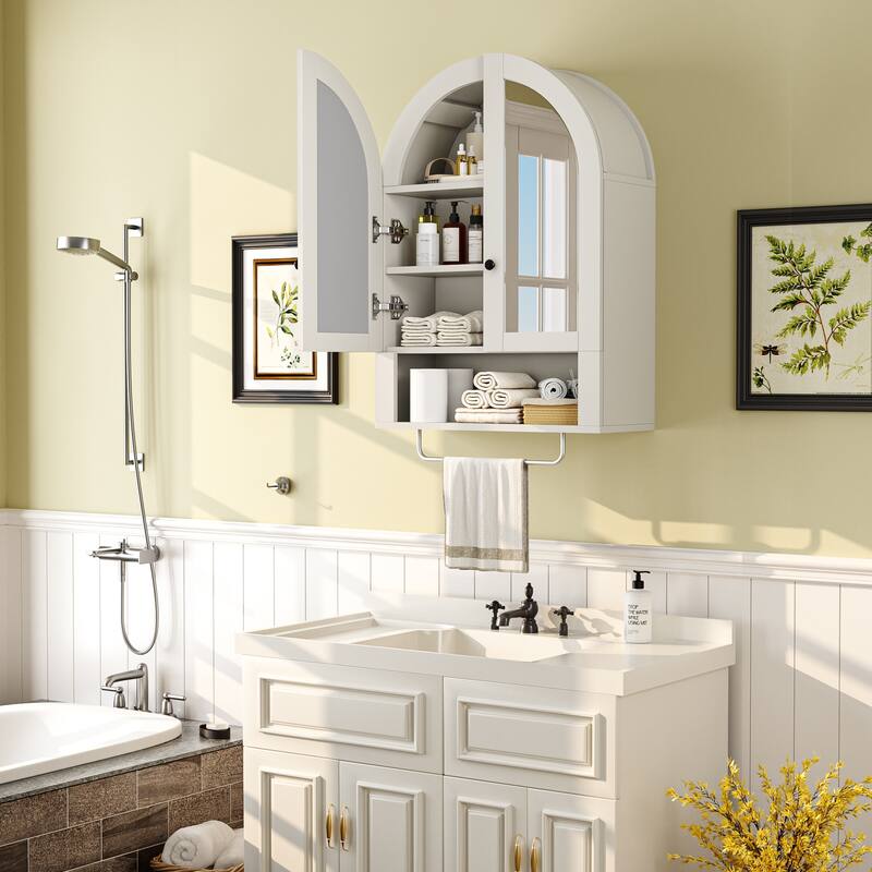 Wall Mounted Arched Cabinet with Mirrored Doors and Adjustable Shelves for Laundry Room, Bathroom, Kitchen