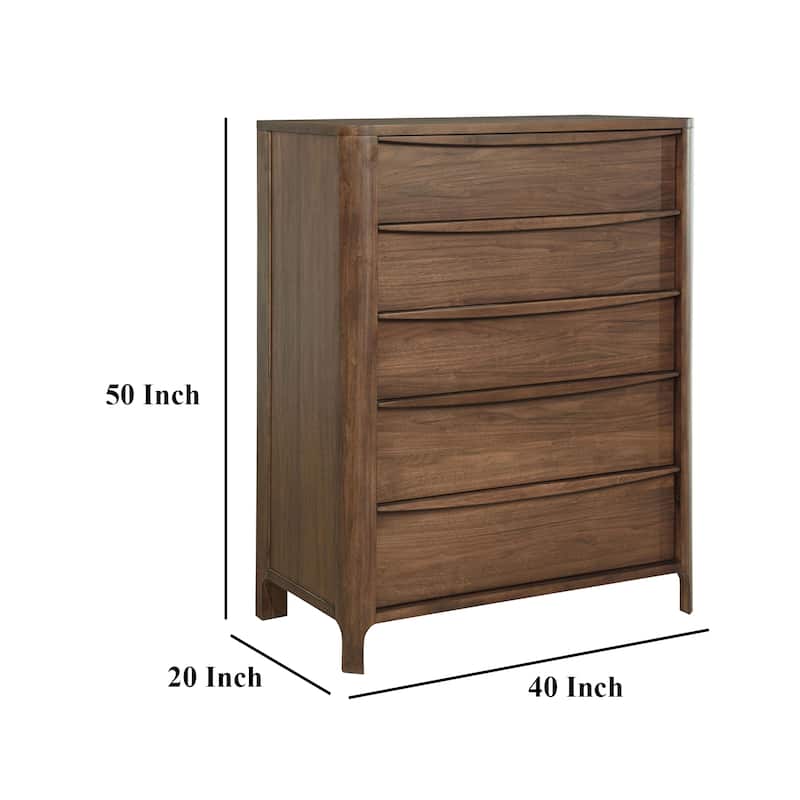 Rie Tall Dresser Chest with 5 Storage Drawers, Brown Walnut Wood
