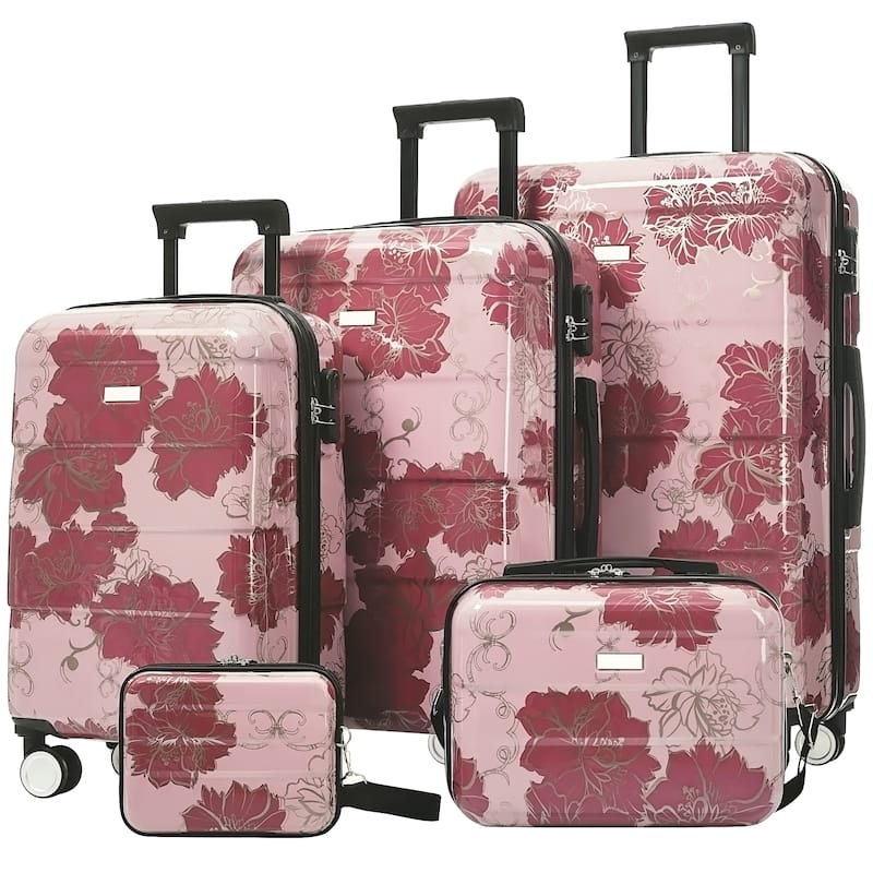 Luggage Sets New Model PC 5pcs, Hardside Lightweight Durable 20IN 24IN 28IN Suitcases with Lock Spinner Wheels - Purple Pink Flower