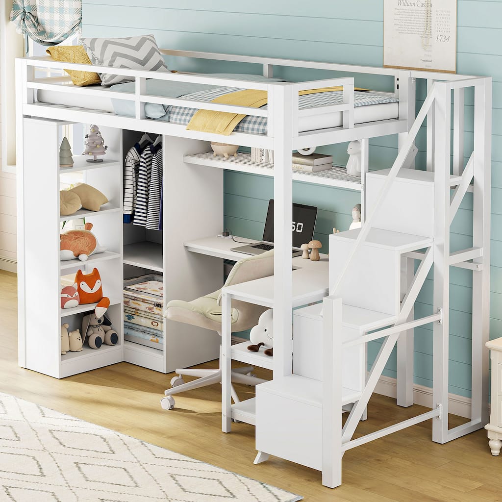 White Metal Twin Loft Bed with Desk, USB Ports, 5-Layer Shelf, Wardrobe, and Stepped Stairs