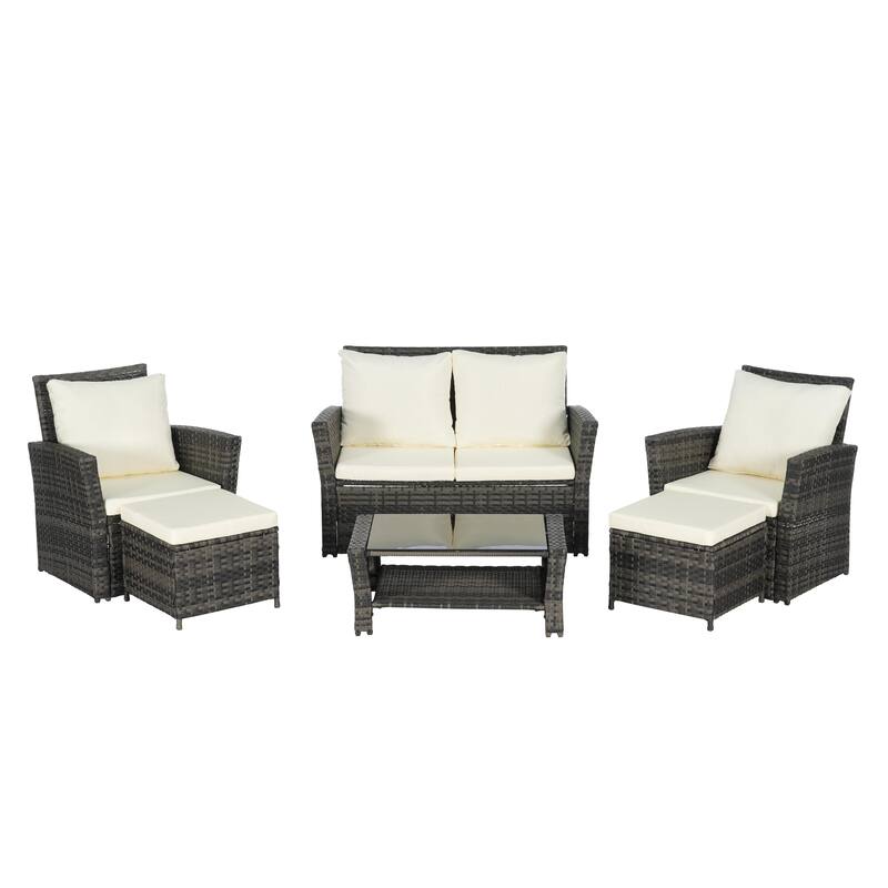 6-Piece Outdoor Patio Rattan Conversation Sofa Set with Tempered Glass Coffee Table