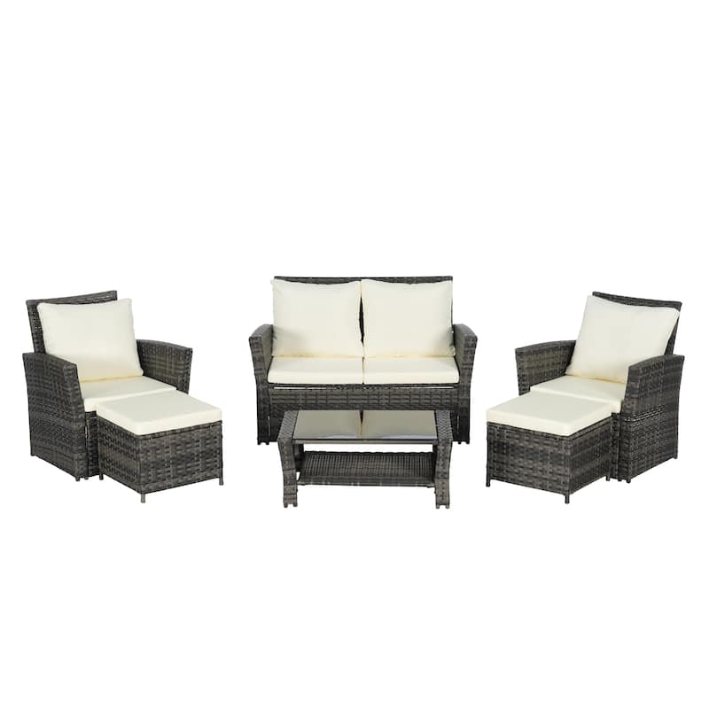 Patio Wicker Furniture Sets with Ottoman & Tempered Glass Coffee Table