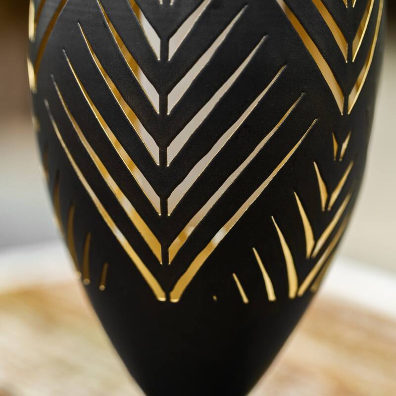 Glitzhome 8.75"H Set of 2 Black Metal Cutout Geometric Pattern Solar Powered Outdoor Lantern with LED Light