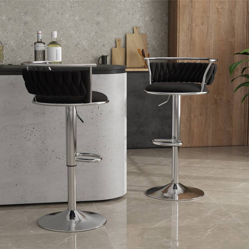 Set of 2 Velvet Adjustable Swivel Bar Stools - Silver/Black