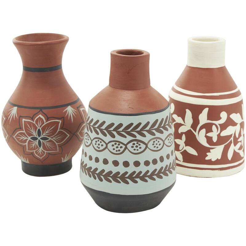 Ceramic Floral Decorative Vase with 3 Different Patterns and Shapes - Set of 3 Orange - Roche River Decor - Orange