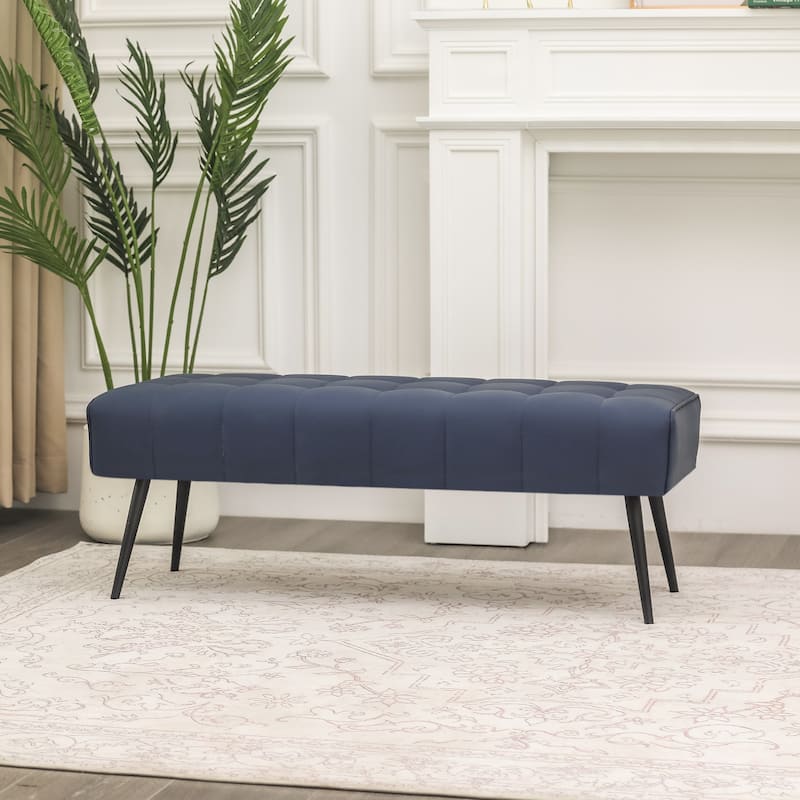 Adeco 41 Inches Faux Leather Ottoman Bench for Living Room - Navy-Blue