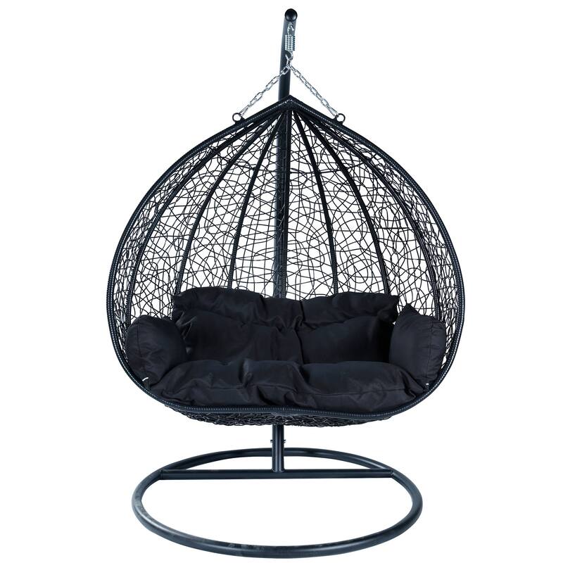 Hanging Swing Chair with Weave Design and Teardrop Shape in Black Frame