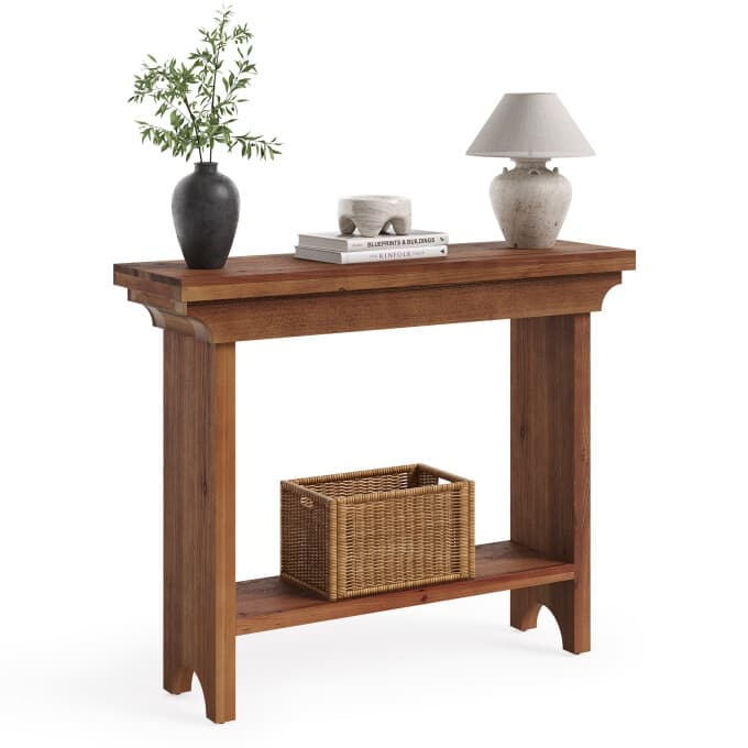 39.37" Solid Wood Console Table, Small Entryway Table with Shelf