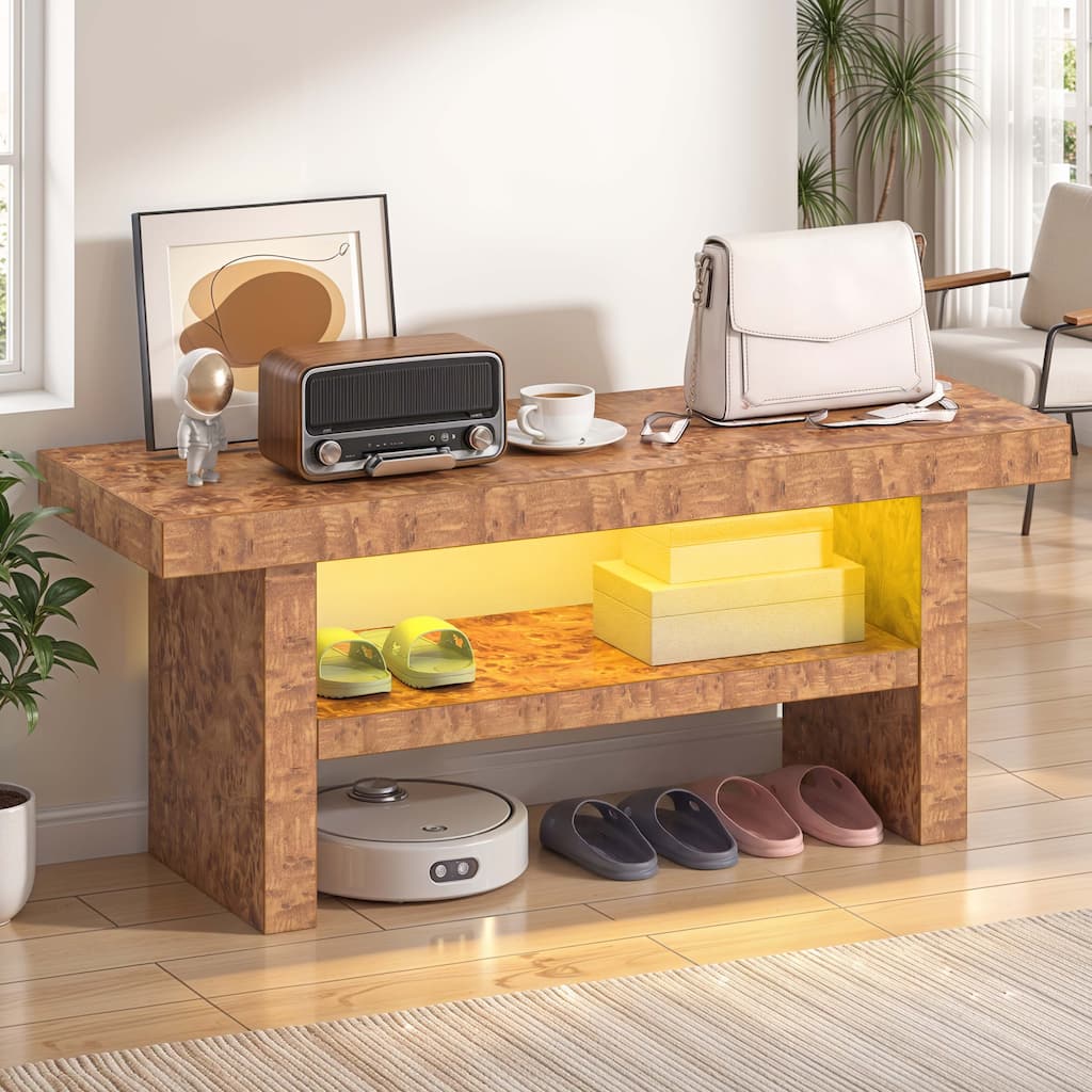 Moasis Entryway Bench with Warm LED Light, Wooden Storage Bench for Hallway