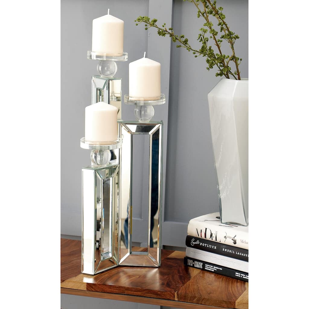 Silver Glass Pillar 3 Plate Candelabra with Mirrored Accents