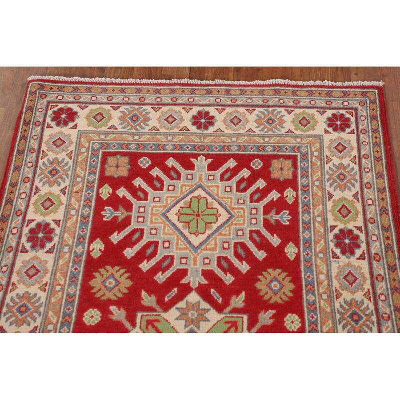 Red Kazak Oriental Accent Rug Handmade Geometric Wool Carpet - 3'3"x 5'0"