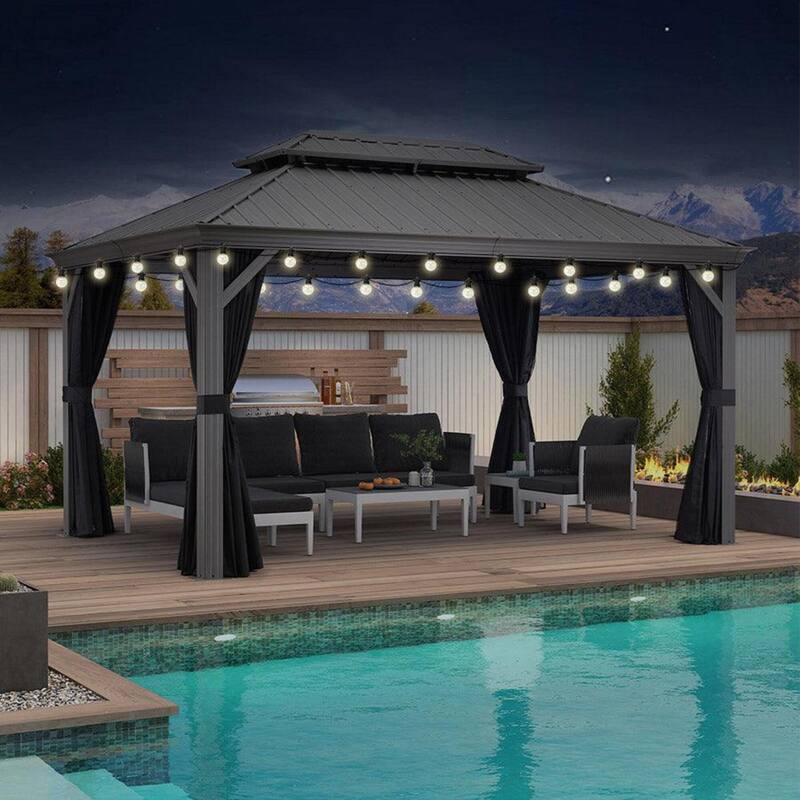 PURPLE LEAF Patio Gazebo for Backyard Hardtop Galvanized Steel Frame with Upgrade Curtain - Light Grey