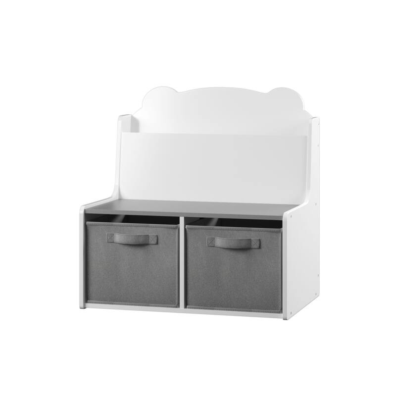 Kids Bookshelf With Storage Bins-Wooden Bookcase With Book Display Shelf And 2 Fabric Bins,Cute Bear-Shaped Backboard