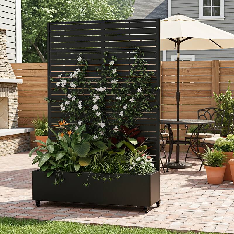 Privacy Screen Planter with Trellis Metal Planter Box with 360° Lockable Wheels & Drainage Holes Raised Garden Bed - 72"x47" - Black - 72"x47" 