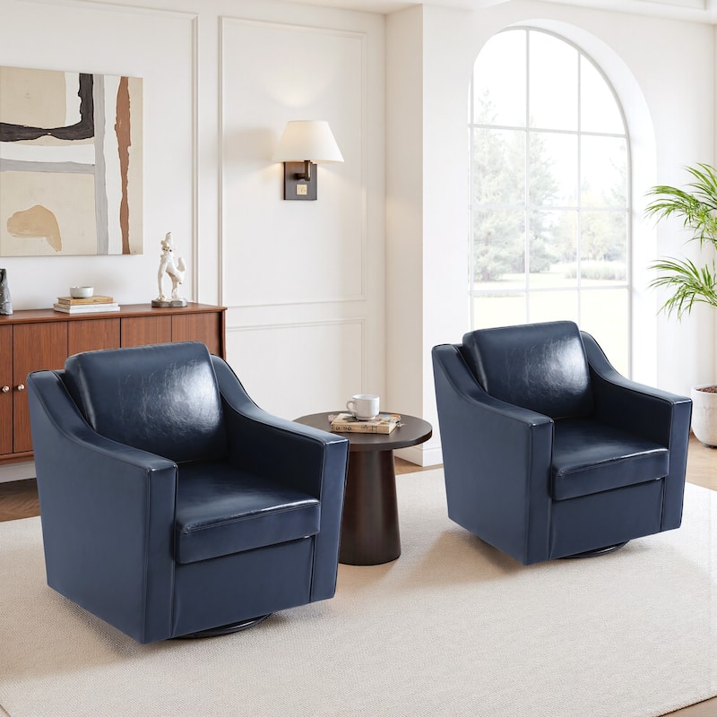 2 Set Modern Swivel Accent Arm Chair For Living Room - Navy-Vegan Leather