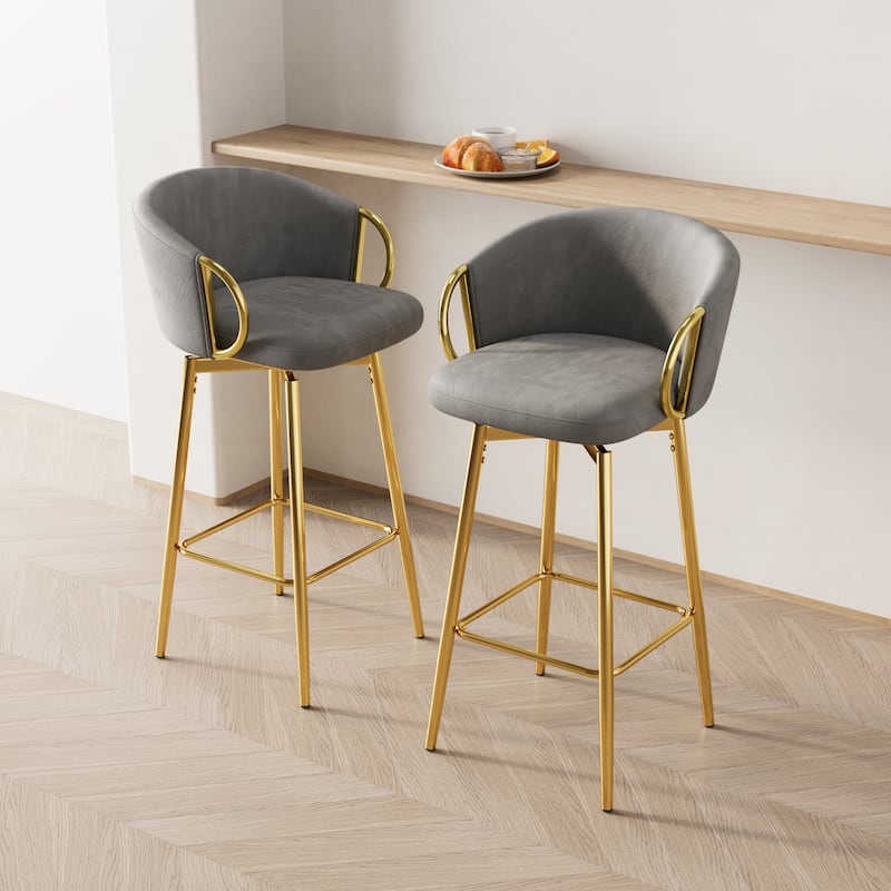 Velvet Bar Chair Set of 2, 360° Swivel Bar Chairs with Metal Legs, Upholstered Counter Height Bar Chairs w/Anti Slip Pads